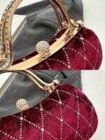 Women's Velvet Quilted Evening Purse with Diamond Accents - - Image 10